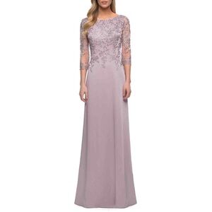 La Femme Purple Lavender Mauve Floral Appliqué Jersey Column Gown Size 4